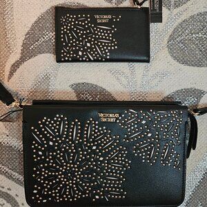 NWT Victoria's Secret Laser Cut Floral Black Gold Stud Crossbody Matching Wallet